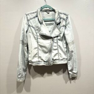 Chambray Moto Jacket Denim Jean Jacket Acid Wash Light Blue Y2K Grunge Girls XL